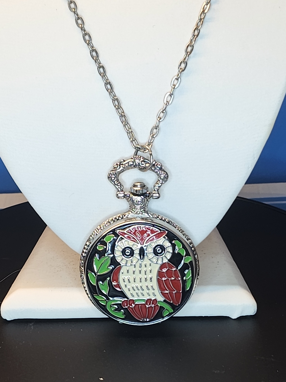 Silver Tone Owl Pendant Quartz Watch Necklace 32.5" Chain Working Pocket Watch